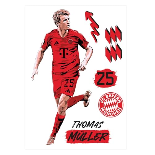 K&L Wall Art FC Bayern München Wandsticker FCB Fußballspieler Logo Fußball Rekordspieler Wandtattoo - Offizielles Lizenzprodukt (Comic, Thomas Müller) 68x100 cm von K&L Wall Art