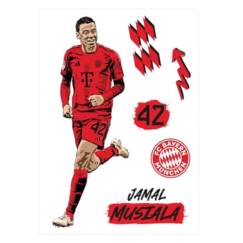 K&L Wall Art FC Bayern München Wandsticker FCB Fußballspieler Logo Fußball Trikot Wandtattoo - Offizielles Lizenzprodukt (Comic, Jamal Musiala) 68x100 cm von K&L Wall Art