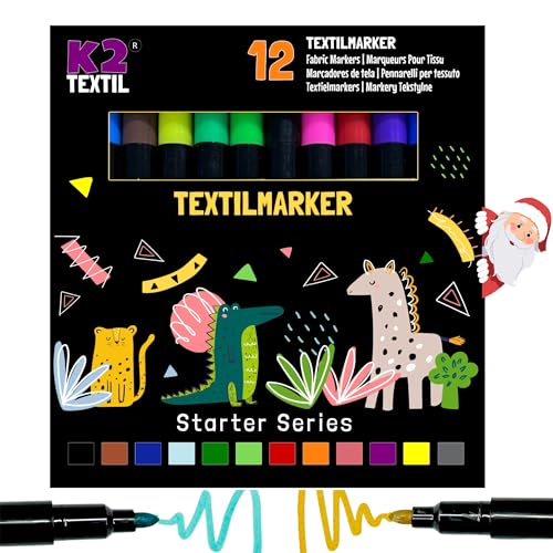 K2 TEXTIL 12 | 24er-Pack Textilstifte Waschmaschinenfest, Textilmarker zum Bemalen, Textilfarben für Textilien & Schuhe, Stoffmarker - Für Kinder Geeignet (12) von K2 TEXTIL