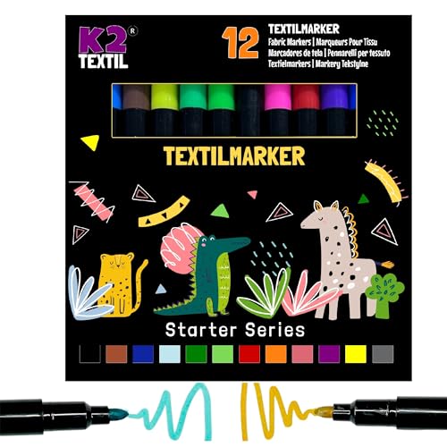 K2 TEXTIL 12 | 24er-Pack Textilstifte Waschmaschinenfest, Textilmarker zum Bemalen, Textilfarben für Textilien & Schuhe, Stoffmarker - Für Kinder Geeignet (12) von K2 TEXTIL