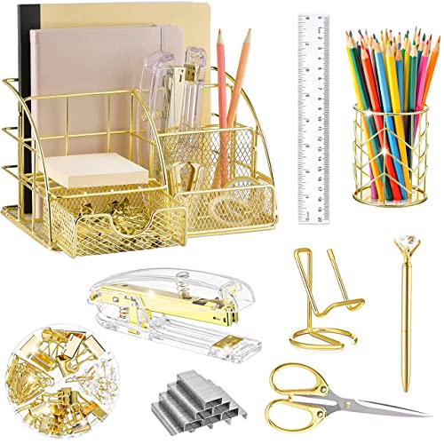 KAAKOW Goldfarbene Schreibtisch-Organizer und Zubehör, Bürobedarf-Set, Hefter, Stifthalter, Handyhalter, Schere, Stift, Lineal, 22 Binderklammern, 20 Reißnägel und 1000 Heftklammern (Gold) von KAAKOW