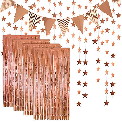 4 STK Lametta Vorhänge Dekoration und Flagge Bunting Banner und Glitter Papier Sternform Girlande für Geburtstag Hochzeit Bachelorette Party Foto Hintergrund Tür Wanddekorationen (Rose Gold) von KAARI