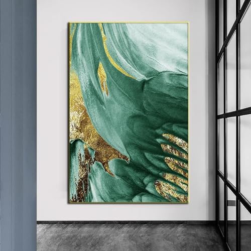 KAAUSE Abstrakte grüne Gold-Leinwand-Ölgemälde, nordische moderne Luxus-Poster und Drucke, Wandkunstbilder für Wohnzimmer, Schlafzimmer, Dekoration, 70 x 80 cm (28 x 32 Zoll), rahmenlos von KAAUSE