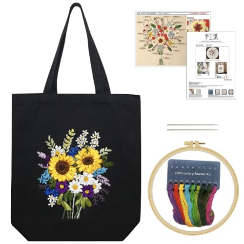 KABAKE Canvas Tote Bag Stickerei Kits für Anfänger, Kunst DIY Handwerk Stickerei Starter Kit, schließen gestempelte Stickerei Tasche, Fäden, Stickwerkzeuge ein (Schwarze Tasche mit Sonnenblume) von KABAKE