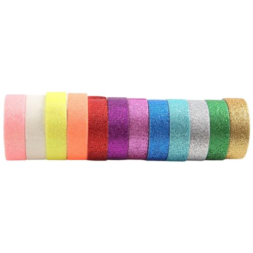 KACPLY Washi-Klebeband-Set, glitzernd, dekorativ, farbig, für Bastelarbeiten, Geschenkverpackungen, Planer, 1,5 cm x 5 m, 12 Rollen von KACPLY