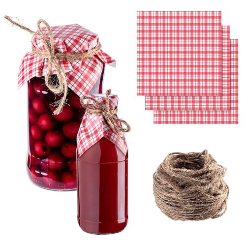 KADAX Schmuckdeckchen für Einmachgläser, dekorative Deckchen mit Jutekordel für Marmeladengläser, Marmeladendeckchen aus Papier (Rotes Karomuster, 50 Stück) von KADAX