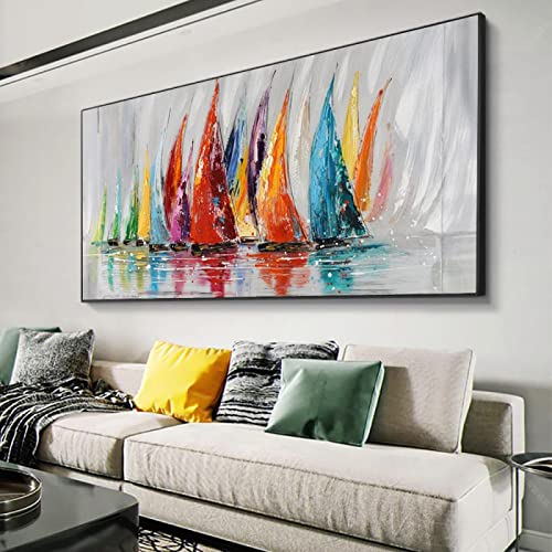 KADING Abstraktes Leinwandbild Buntes Segelboot Gemälde Große Leinwand Ölgemälde Moderne Wandkunst für Wohnzimmerdekor 123x60cm(48x24in) mit Rahmen von KADING