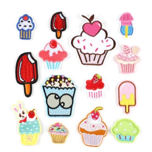 14 Stück sortierte Cartoon-Cupcake-Dessert-Aufkleber, Stoffaufnäher, zum Aufbügeln, für Kinder, bestickt, dekorative Nähapplikationen für Kleidung, Taschen, Zubehör von KAHDGSS