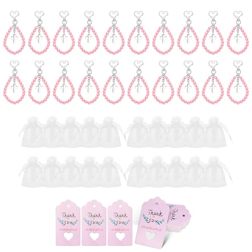 KAHDGSS Elegantes Baby-Taufgeschenk-Set, Kreuze, Perlen, Schlüsselanhänger-Set für Hochzeit und Babyparty, mit Organza-Beuteln von KAHDGSS