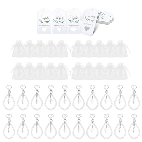 KAHDGSS Elegantes Baby-Taufgeschenk-Set, Kreuze, Perlen, Schlüsselanhänger-Set für Hochzeit und Babyparty, mit Organza-Beuteln von KAHDGSS