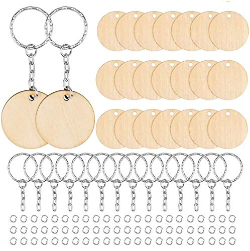 KAHEIGN 100Pcs Holzscheiben zum Basteln Holz Scheiben, 3,5cm Holzscheiben Vorgebohrte Holzkreise Ornamente für DIY Basteln Hochzeitsdekorationen Weihnachtsschmuck (mit 100 Stück Schlüsselring) von KAHEIGN