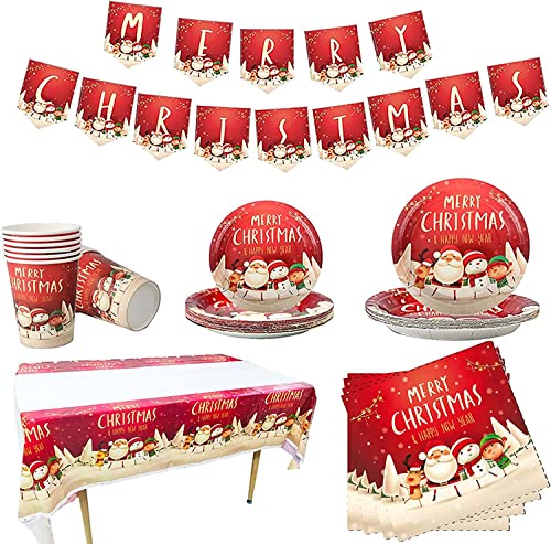 KAHEIGN 118Pcs Geschirr Set für 16Gäste, Weihnachten Partygeschirr Set Tischdecke Banner 16 Teller&Becher&Messer&Gabel&Löffel Servietten, Weihnachten Party Deko von KAHEIGN