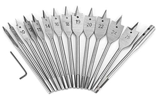 KAHEIGN 15Pcs Flachfräsbohrer Set, 6mm - 25mm Titanbeschichteter Spatenbohrer aus Kohlenstoffstahl mit Schraubenschlüssel und Zusatzhebel, Flache Bit Set für Holzbearbeitung von KAHEIGN