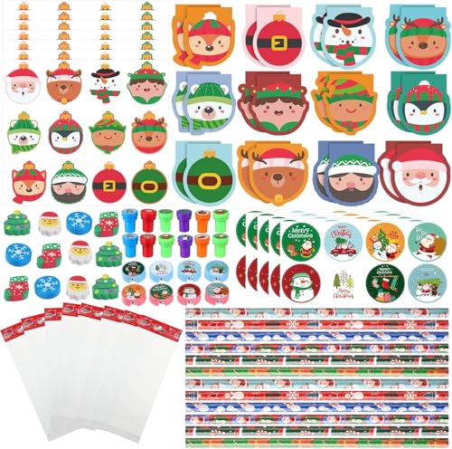 KAHEIGN 192Pcs Weihnachten Schreibwaren Set, 24 Weihnachts-Schreibwaren Geschenkset inkl. Notizbuch Bleistifte Radiergummis Anspitzer Stempel Aufkleber Geschenktüten Belohnungen für Mitgebsel von KAHEIGN