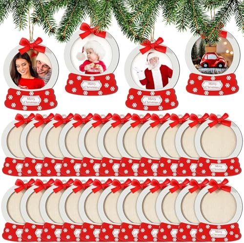 KAHEIGN 24Pcs Personalisierte Weihnachtskugeln mit Fotos, 11cm großer Holz Weihnachtsfotorahmen zum Aufhängen mit Schleife, Schneeflocke, Juteseil für Weihnachtsbaumschmuck, Weihnachtsfeier-Dekoration von KAHEIGN