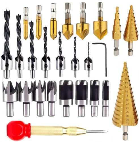 KAHEIGN 26Pcs Kegelsenker Bohrer Set, 8 Pcs Holzdübel Cutter Werkzeug Bohrer, 7 Pcs Dreifach-Bohrer, 6 Pcs Kegelbohrer, 3 Pcs Stufenkegelbohrer - für Holz Tür Fenster Kabine von KAHEIGN