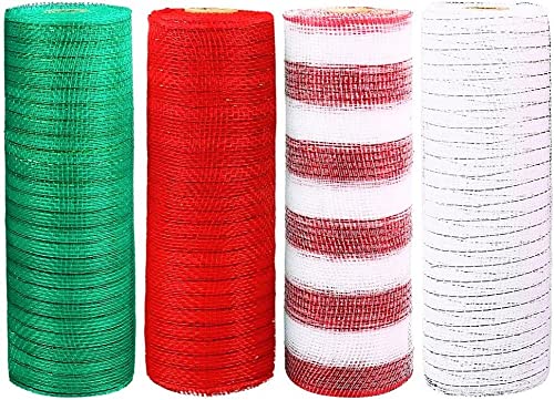 KAHEIGN 4Pcs Weihnachten Dekoband Deko Mesh Band, 26cm x 9,14m pro Rolle Metallfolie Wickelstreifen Geschenkband Baumband Dekobänder Poly-Mesh-Band für DIY Schleifen Kränze Girlanden Deko von KAHEIGN