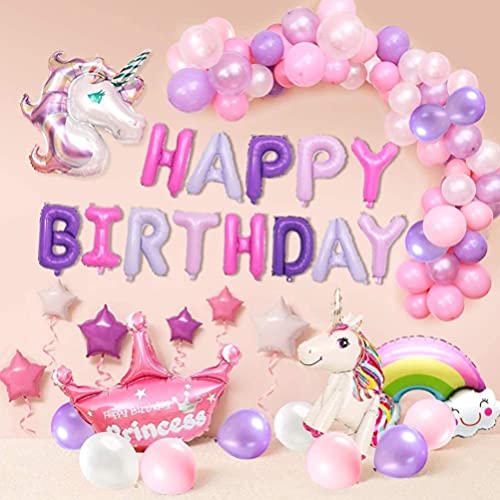 KAHEIGN 62Pcs Einhorn Party Dekoration für Mädchen, HAPPY BIRTHDAY Ballon Banner 3D-Einhorn Ballon, Krone und Latex Party Ballons für Kleinkinder Mädchen Lady Birthday Party von KAHEIGN