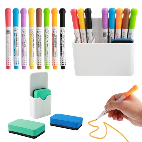 14 Stück Whiteboard Marker Set, 8 Whiteboard Stifte Abwischbar für Kinder und Lehrer, 2 Plastik Stifthalter Magnetisch, 4 EVA Whiteboard Schwamm Magnetisch für Schulen Wohnungen Büros von KAHOUI