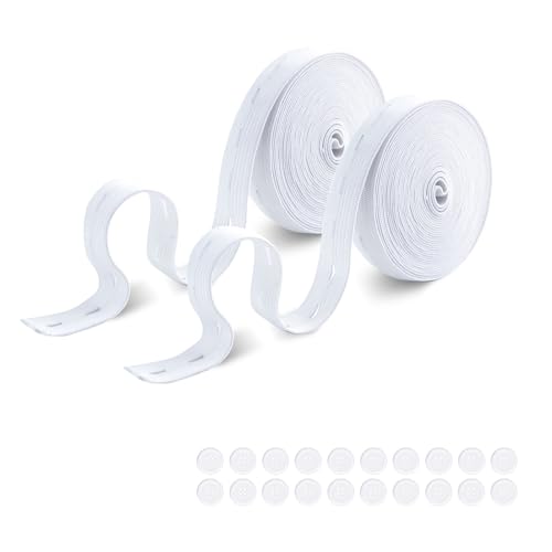 2 Rollen 10m Elastisch Gummiband Nähen, Knopfloch Gummiband Breit, Hosengummi Gummizugband Gesamt 20m, Breites Gummiband 20mm mit 20 Knöpfe, Polyester Elastisches Band für Gürtel Hosenkordel (White) von KAHOUI