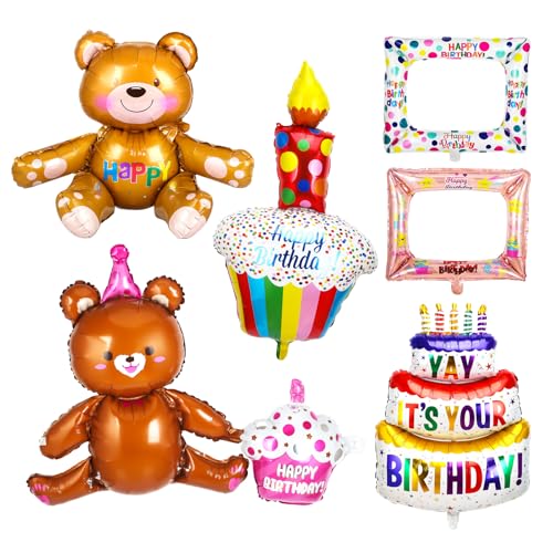 6 Pcs Photo Booth Props Birthday Frame Decorations Set, Selfie Frame Inflatable Party Props, Foil Balloons for Helium, Teddy Bear Balloons, Inflatable Birthday Cake Decoration von KAHOUI