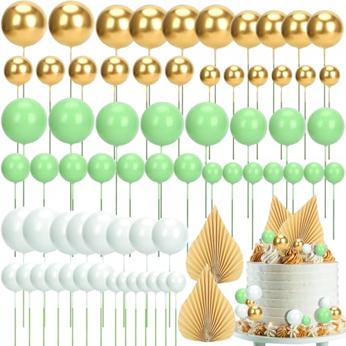 68 Stück Backen Tortendeko Kugeln Set, 3 Farben Schaumstoffball Torten Deko, DIY Cake Decoration mit 2 Gold Palmenblattförmiges Dekorpapier, Boho Deko Torte für Geburtstag Hochzeit Babyparty von KAHOUI