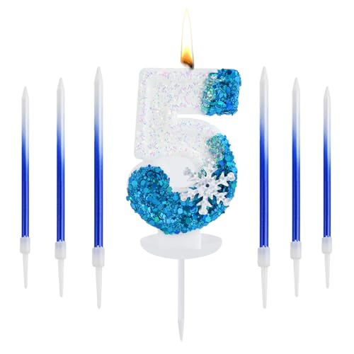 Geburtstagskerzen Zahlen, 3D Blue White Frozen mit Schneeflocke Geburtstagskerze, Kerzen Geburtstag Zahlen mit 6 Langen Kerzen in Farbverläufen, Geburtstagskerzen für Geburtstagsdeko (5) von KAHOUI