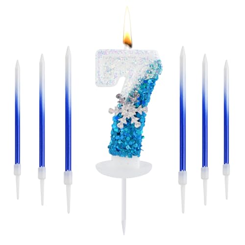 Geburtstagskerzen Zahlen, 3D Blue White Frozen mit Schneeflocke Geburtstagskerze, Kerzen Geburtstag Zahlen mit 6 Langen Kerzen in Farbverläufen, Geburtstagskerzen für Geburtstagsdeko (7) von KAHOUI