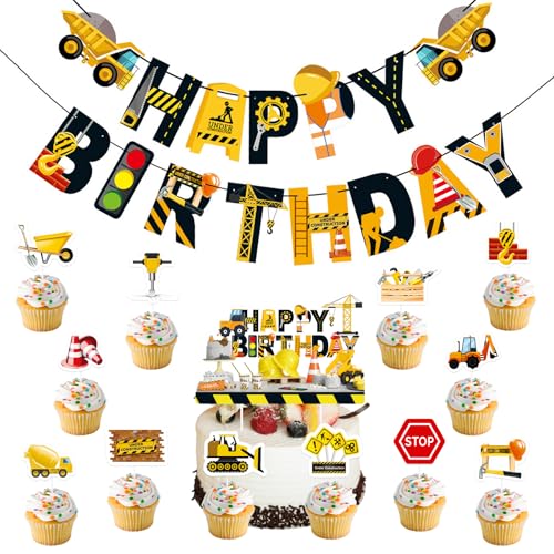 Baustelle Deko Geburtstagsdekorations-Partyzubehör mit Cartoon-Baufahrzeug-Thema, Happy Birthday-Banner, Kuchenaufsatz, Cupcake-Aufsätze, Bagger-Partydekor für Fans und Kinder von KAHOUI