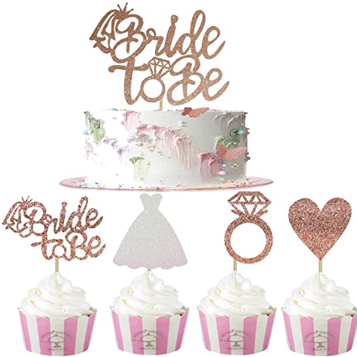 Bride To Be Cake Topper,24 Stück Roségold Cupcake Topper Glitter Verlobung Deko Tortenstecker für Bridal Shower Supplies Bachelorette Party Dekorationen von KAIAIWLUO