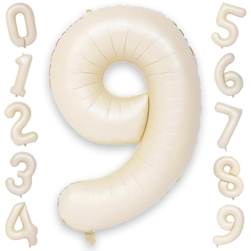 40 Zoll Beige Zahlen 9 Luftballons, Groß Selbstaufblasend Cremeweiß Digital 9 Heliumballons, Riesenfolie Mylar Zahl 9 Ballons für Frauen Männer Mädchen Jungen 9 Geburtstag Party Jubiläum Dekorationen von KAINSY