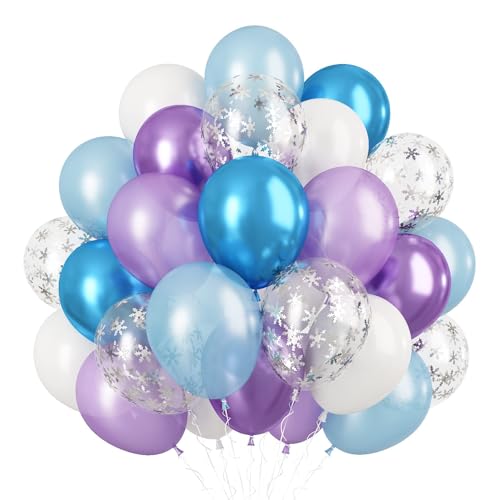 Blau Lila Luftballons, 60 Stück Blau Lila Luftballons Frozen Party Dekorationen, Metallic Lila und Blau und Schneeflocken Konfetti Luftballons, Frozen Luftballons für Mädchen Babyparty Geburtstag von KAINSY