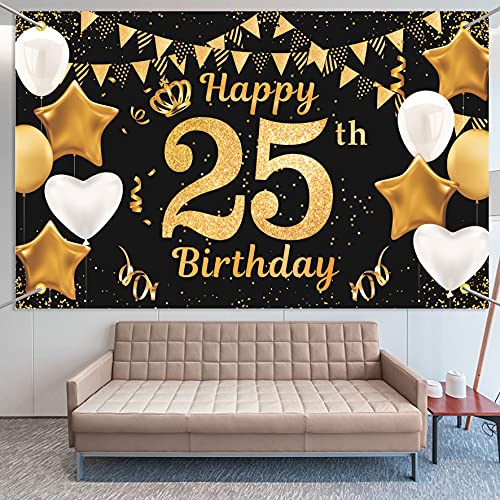 Extra Lange Banner für 25. Geburtstag Dekoration Schwarzes Gold, 25. Geburtstag Stoff Photo Booth Hintergrund für Männer und Frauen 25 Geburtstag Deko Garten Tabelle Mauer, 180 x 110 cm von KAINSY