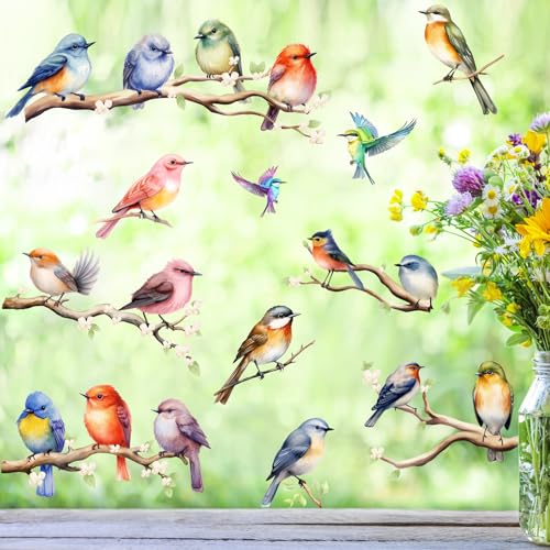 KAIRNE Aquarell Vögel Fensteraufkleber,Garten Vögel Fenstersticker,Bunt Tiere Wandtattoo für Kinderzimmer,Transparent Frühling Fensteraufkleber für Schlafzimmer Fenterdeko,Schutz vor Vogelkollisionen von KAIRNE