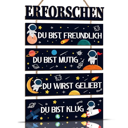 KAIRNE Planet Wanddeko für Kindzimmer Jungen,Schild Weltraum Wandkunst,Kinder Holzschild mit Spruch,Inspirierende Zitate Wandbild,Astronaut Wandschild für Babyzimmer Schlafzimmer Geschenk Tür Deko von KAIRNE