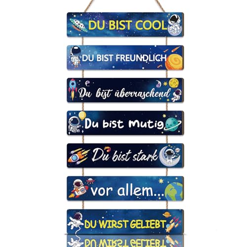 KAIRNE Planet Wanddeko für Kindzimmer Jungen,Schild Weltraum Wandkunst,Kinder Holzschild mit Spruch,Inspirierende Zitate Wandbild,Astronaut Wandschild für Babyzimmer Schlafzimmer Geschenk Tür Deko von KAIRNE