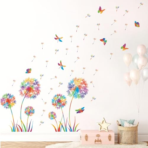 KAIRNE Pusteblume Wandsticker,Wandtattoo Kinderzimmer Mädchen,Löwenzahn Pflanzen Wandtattoo,Blumen Schmetterling Wandtattoo,Bunt Wandaufkleber Löwenzahn für Wohnzimmer Schlafzimmer Fenster Wanddeko von KAIRNE