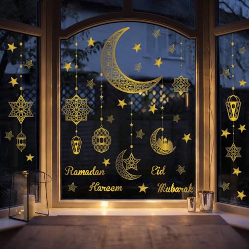 KAIRNE Ramadan Fensteraufkleber,Ramadan Fensterdeko Mond und Sterne Fensticker,Selbstklebend Ramadan Wandtattoo,Blume Gold Wandsticker Wandaufkleber für Schlafzimmer Kinderzimmer Zuhause Fenster Deko von KAIRNE