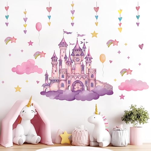 KAIRNE Schloss Kinderzimmer Aufkleber,Rosa Wandtattoo Regenbogen Schloss,Wanddeko Kinderzimmer Mädchen,Wandaufkleber Wolken Sterne Herzform,Märchenschloss Aufkleber für Babyzimmer Schlafzimmer von KAIRNE