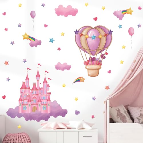 KAIRNE Wandtattoo Kinderzimmer Mädchen,Cartoon Burg Wandaufkleber,Bunte Sternwolken Regenbogen Wandsticker,Herzförmige Ballon Aufkleber, Rosa Wandaufkleber für DIY Kinder Schlafzimmer Kindergarten von KAIRNE