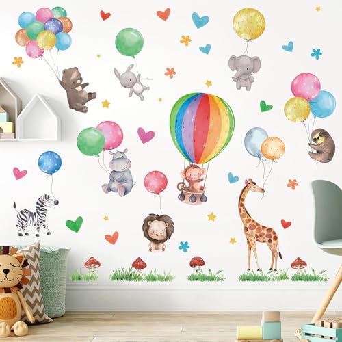 KAIRNE Wandtattoo Kinderzimmer Tiere,Wandsticker Kinderzimmer Jungen Mädchen,Heißluftballon Wandtattoo Ballon Tiere,Elefant Löwe Bär Dschunge Tiere Wandaufkleber für Babyzimmer Spielzimmer Wanddeko von KAIRNE