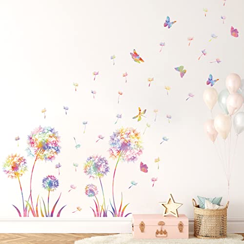 KAIRNE Wandtattoo Pusteblume,Blumen Wandtattoo für Kinderzimmer Mädchen,Bunt Wandsticker Löwenzahn für Schlafzimmer,Pflanzen Blumen Wandaufkleber für Wohnzimmer Babyzimmer Küche Fenster Tür Wanddeko von KAIRNE