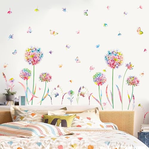 KAIRNE Wandtattoo Pusteblume,Blumen Wandtattoo für Kinderzimmer Mädchen,Bunt Wandsticker Löwenzahn für Schlafzimmer,Pflanzen Blumen Wandaufkleber für Wohnzimmer Babyzimmer Küche Fenster Tür Wanddeko von KAIRNE