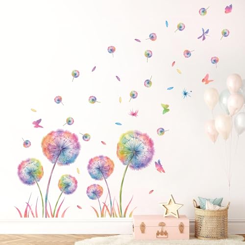 KAIRNE Wandtattoo Pusteblume,Blumen Wandtattoo für Kinderzimmer Mädchen,Bunt Wandsticker Löwenzahn für Schlafzimmer,Pflanzen Blumen Wandaufkleber für Wohnzimmer Babyzimmer Küche Fenster Tür Wanddeko von KAIRNE