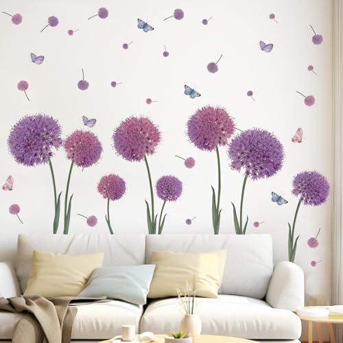 KAIRNE Wandtattoo Pusteblume,Blumen Wandtattoo für Kinderzimmer Mädchen,Lila Löwenzahn Wandsticker für Schlafzimmer,Schmetterlinge Blumen Wandaufkleber für Wohnzimmer Babyzimmer Fenster Tür Wanddeko von KAIRNE