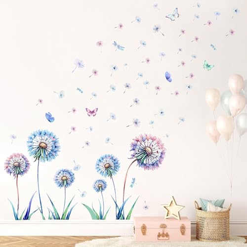 KAIRNE Wandtattoo Pusteblume Blumen Wandtattoo für Kinderzimmer Mädchen Blaue Wandsticker Löwenzahn für Schlafzimmer Wandaufkleber für Wohnzimmer Babyzimmer Fenster Tür Wanddeko von KAIRNE