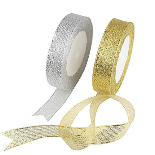 50Yard Glitzer Metallic Dekoband 20mm Schleifenband Organza Band zum Zier Bastel für Weihnachten Geschenk Verpackung Party Hochzeit Dekoration (GOLDEN&SILBER) von KAKOO