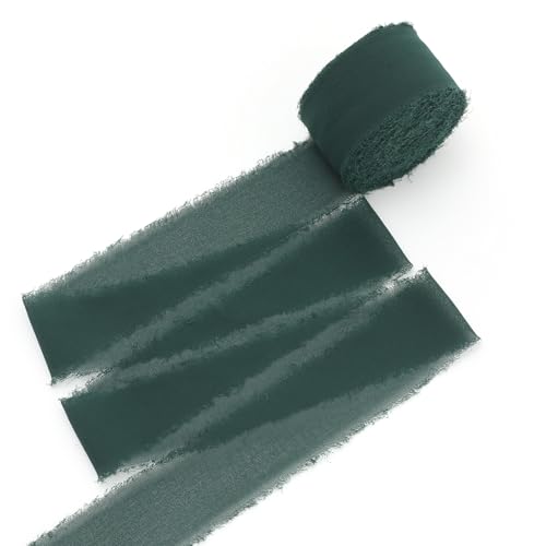 Grünes Chiffonband 3,8 cm (1 Rolle x 20 Yd), ausgefranste Fransen Chiffonband zum Verpacken von Blumensträußen, Chiffon-Seidenband für Hochzeitseinladungen, Brautsträuße, Bastelarbeiten von KAKURUMA