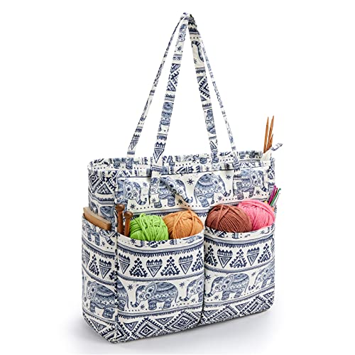 KALIDI Große Stricktasche, Basteltasche, Garn, Wolle, Aufbewahrungstasche mit Reißverschluss, Häkelnadeln, Kreuzstich-Stickerei, Stricknadeln, mehrere Taschen für Frauen, Stricken und Einkaufen von KALIDI