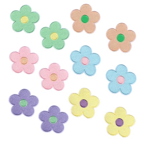 12 Stück Blumen Applikationen Patches zum Aufbügeln 6,6cm Bunte Blumen Applikationen Flicken Bügelflicken Bunt Cartoon Blumen Stickerei Bügelflicken Blume Bestickte Patches für Jeans Jacken T-Shirt von KALIONE